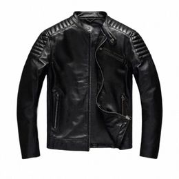 pure Top Layer Cowhide Motorcycle Suit Leather Jacket Men's Cycling Jacket Slim Fit Stand Collar Short Black Jacket Q9Xm#
