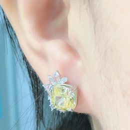 Stud Earrings (6Ct Total)3Ct Each Cushion Cut Pink&Yellow Lab Diamond 18K AU750 White Gold Earring Female Jewelry E059