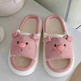 Slippers Slippers Cute Cartoon Pig 2024 Womens Summer Indoor Bedroom Soft Tick Soled Funny Soes Linen Slides Lovely H240326LXDJ