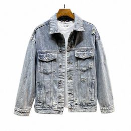 ripped and patch denim jacket, men's spring and autumn trendy Korean versi casual jacket, men's loose top men jacket v9pn#