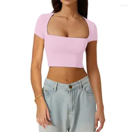 Women's T Shirts Sexy Square Neck Crop Top Long Sleeve Slim Fit Cropped Basic Stretchy Tee Y2K Tops Sport Tees