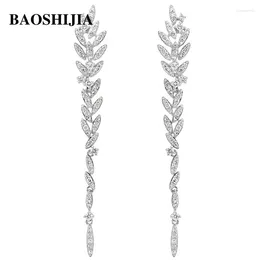 Dangle Earrings BAOSHIJIA Solid 18k White Gold Natural Diamonds Long Beautiful Leaf Stud Prong Setting Anniversary