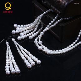 Necklace Earrings Set Fashion Design Exquisite Long Chain Sweater And Small To Big Pearl Sterling Silver Jewellery Women For Party