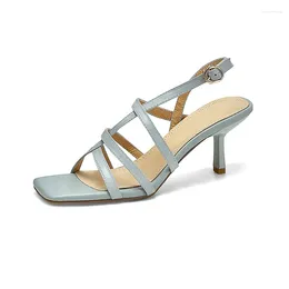 Dress Shoes Genuine Cow Leather Ladies Women High Heel Sandal 2024 Blue Beige Apricot Peep Toe Square Cross Band Buckle