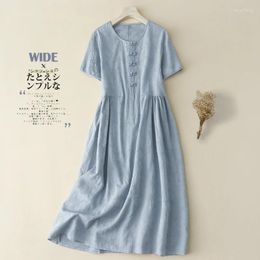 Party Dresses 2024 Arrival Cotton Linen Blend Jacquard Buckle Vintage Chinese Style Summer Dress Fashion Women Travel Casual Midi
