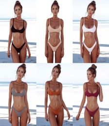 Solid Colours Thong Brazilian Bikinis 2 Piece Sexy Swimwear Women Plus Size Swimsuit Halter Bikini Set Simple Bathing Suit Low Wais8535798