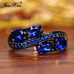 With Side Stones Boho Female Blue Oval Finger Ring Fashion Birthstone Black Gold Jewellery Vintage Purple Red Pink Wedding Rings For Women