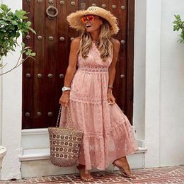 Casual Dresses 2024 Lace Patchwork Long Dress Women Tunic Hollow Out Sleeveless Solid Colour A-Line V-Neck Bohemian Beach Female