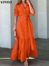 Casual Dresses 2024 VONDA Women Long Sleeve Ruffled Shirt Dress Summer Elegant Sundress Solid Color Buttons Lapel Belted Party Vestidos