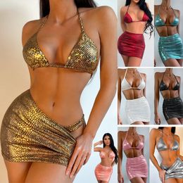 European and American swimsuit bikini women's shiny sexy halterneck backless swimsuit three-piece hip swimsuit