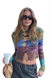 ayualin O-neck Lg Sleeve Autumn Sweaters 2022 Boho Rainbow Striped Jumper Coat Sexy Hollow Out Cardigan Sweater for Women I5uG#
