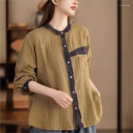 Women's Blouses Johnature Women Vintage Cotton Shirts And Tops Button Long Sleeve Spring 2024 Patchwork Colour Loose Chinese Style