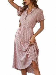 ladies Polka Dot Print Shirt Dr Women Casual Midi Holiday Summer Dr Female Loose Women Beach Dr Sundr Robe Vestidos n0dT#