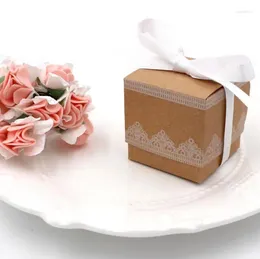 Gift Wrap 100pcs/lot Retro Wedding Favour Box Brown Square Kraft Paper Candy White Lace Edge Ribbon Sugar