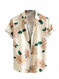 zaful Shirt for Men Satin Floral Pattern Short Sleeves Blouses Stand Collar Silky Shirts for Vacati Daily Streetwear Tops M94t#