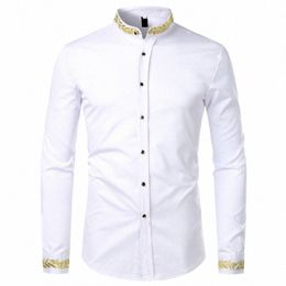 Ouro bordado branco camisa masculina nova marca gola dos homens dr camisas casual magro lg manga chemise homme masculina 071y #