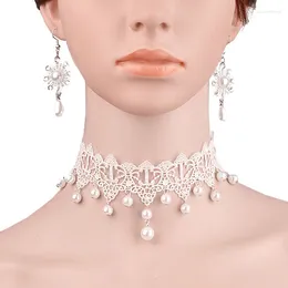 Necklace Earrings Set Women Necklaces Bridal Wedding Lady White Flower Lace Beaded Pearl Drop Choker Chunky Fashion Jewellery