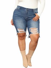 ripped Denim Shorts Plus Size Womens Basic Denim Shorts High Waist Curled Slim Shorts Stretchy Jeans Hot Summer ouc1037 75TI#