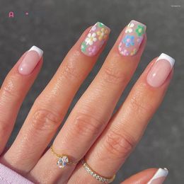 False Nails Short Square Fake White French Press On Fairy Flower Designs Wearable For Women And Girls DIY Manicure