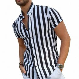 autumn fi butt men's shirt loose street casual short-sleeved striped men's shirt stand-up collar top shirt 68c4#