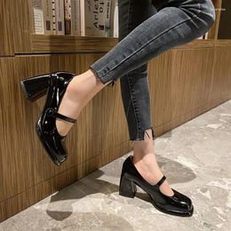 Dress Shoes Mary Jane 2024 Spring Square Head Shallow Mouth Lacquer Leather Retro Single Women's Thick Heels High