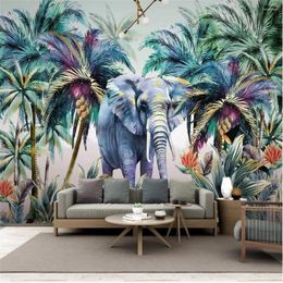 Wallpapers Milofi Light Luxury Nordic Hand Painted Tropical Plant Forest Elephant Landscape Background Wall Painting