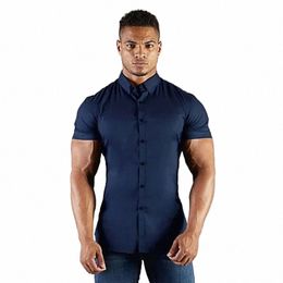 men's Summer Busin Shirt Short Sleeve Turn-down Collar Tuxedo Shirt Fi Super Slim Fit Male Social Dr Shirt c0cI#