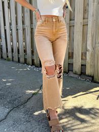 Women's Jeans Women High Waist Ripped Distressed Solid Colour Flared Denim Cropped Pants Casual Frayed Wide Leg Trousers