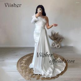 Party Dresses Viisher White Mermaid Evening Feather One Sleeve Arabia Dubai Wedding Dress With Train Formal Prom Gowns