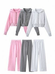 traf 2024 Women's Solid Sportwear Hoodie Pant Set Lg Sleeve Hooded Jacket Casual Drawstring Pant S Female Tube Top Suits a2PK#