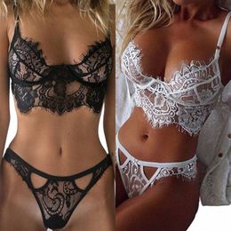 women's Sexy Lace Underwear Set Erotic Ladies Lingerie See-through Bra Thg Mini Babydoll Briefs Underpants Black Bodysuit D54b#