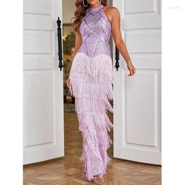 Casual Dresses Summer 2024 Women Clothes Sexy Halter Purple Sequined Tassel Evening Party Cocktail Prom Formal Occasion Long Maxi