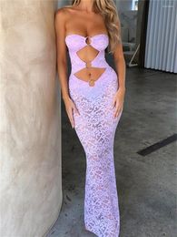 Casual Dresses See Through Lace Backless Cutout Maxi Dress Elegant Strapless Holiday Outfits For Women Summer Beach Long Sexy Cocktail