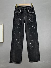 Women's Jeans Black Wide-Leg 2024 Autumn High Waist Large Size Loose Slimming Diamond Long Denim Trousers Straight Pants