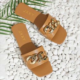 Slippers Chain style womens apartment slider walking shoes summer 2024 trend beach sandals open toe flip square H240328DX0I