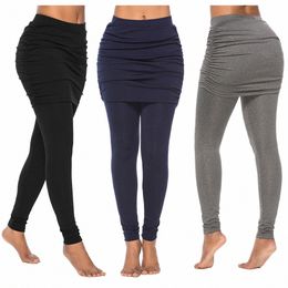 fake Two Piece Leggings Pants Slim Leggings Women Pants Pantal Pack Hip Pleated Skirt Ladies Solid Color Bag Hip Side Trousers W5Sf#