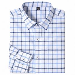 men's Butt-collar Lg Sleeve Chequered Oxford Plaid Shirt Single Pocket Comfortable Cott Regular-fit Casual Striped Shirts 24lY#
