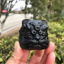 Sculptures 5cm Natural Black Obsidian Dancing Lion Head Statue Hand Carved Crafts Cute Ornament Home Decoration Gift 1pcs