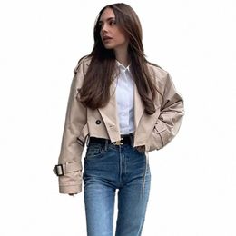 khaki Belt Women Jacket Autumn 2023 Fi Casual Streetwear Butt Loose Lg Sleeve Tops Female Cropped Trench Coat Outwear L7RS#