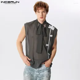 Men's Tank Tops INCERUN Men Patchwork Transparent Lace Up V Neck Sleeveless Male Vests Streetwear Summer Loose 2024 Clothing S-5XL