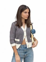 trafza Spring Fi Women Sweaters Grey White V-Neck Lg Sleeves Pockets Single Breasted Cardigan Female Casual Knitted Coat b76h#