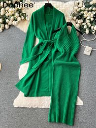 Casual Dresses 2024 Autumn Winter Retro Temperament Bandage Waist Trimming Knitted Cardigan Jacket Slim-Fit Halter Dress Two-Piece Set