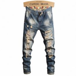 vintage High Street Wed Old Denim Jeans Men's Fi Brand Regular Fit Straight Barrel Beggar Hole Ruined Pants 85UZ#