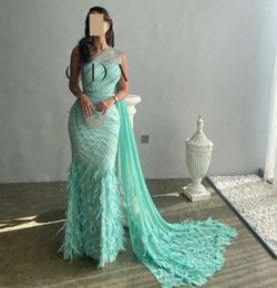 Party Dresses Saudi Elegent Prom DressesPearls Feathers Formal Women Evening Dress One Shoulder Mermaid Gowns With Long Shawl