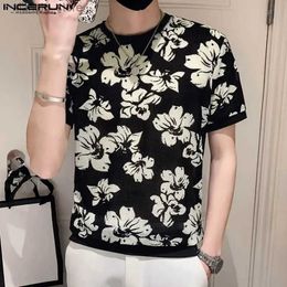 Men's T-Shirts 2023 Men T Shirt Flower Print O-neck Short Sleeve Casual Men Clothing Transparent Streetwear Summer Sexy Tee Tops S-5XL24328