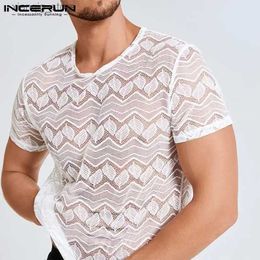 Men's T-Shirts Mens T-shirt mesh lace street clothing O-neck breathable short sleeved sexy T-shirt top party casual vest S-5XL24328