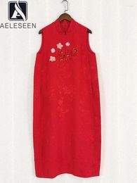 Casual Dresses AELESEEN Runway Fashion Mini Summer Dress Women Sleeveless Red 3D Flower Embroidery Sequined Diamonds Slim Holiday