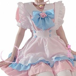 plus Size 5XL Women Maid Outfit Cosplay Anime Lolita Costume Cute Cat Pink Blue Lace Trim Apr Cat Paw Lolita Dres Full Set b29O#