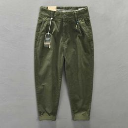 Men's Pants HIQOR 2024 Spring/Summer Mens Pure Cotton Mens Cargo Pants Korean Mens Casual Loose Belt Mid Waist Mens Trouser Plus Size 38 J240328