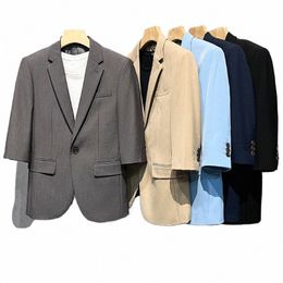 korean Fi Summer Thin Blazers Jackets Men Three-quarter Sleeve Slim Fit Casual Suit Jacket Wedding Groom Dr Coat S-4XL 26Kq#